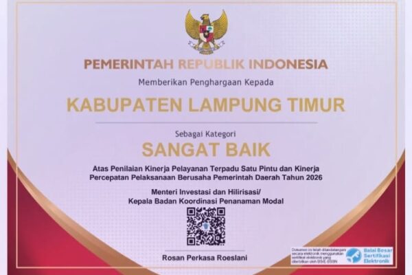Lampung Timur Raih Predikat Sangat Baik dalam Penilaian Kinerja Pelayanan Publik dan Percepatan Berusaha Tahun 2026